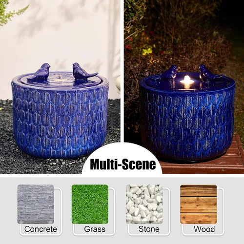 Miniatura 3 de Glitzhome Fuente de agua de cerámica para jardín de 14.75 pulgadas de alto con luces LED y bomba, dos pájaros en relieve con patrón de hojas