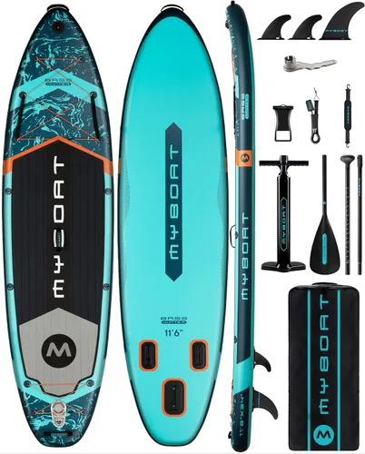 MYBOAT Tabla de remo inflable extra ancha de 11 pies y 6 pulgadas x 34 pulgadas x 6 pulgadas, tabla de remo de pie para pesca, tabla de sup con 3