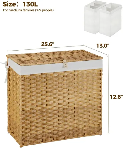 Miniatura 22 de GREENSTELL Cesta para ropa sucia con ruedas y tapa, 130 L, cesta grande de 3 secciones con 2 tipos de bolsas de forro extraíbles, 5 bolsas de malla