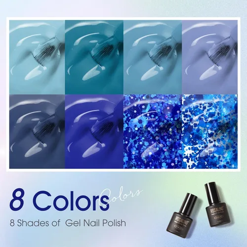Miniatura 3 de ROSALIND Esmalte de uñas de gel azul, 8 colores azul marino claro azul oscuro con purpurina, juego de esmalte de uñas UV MINI Aquarius para manicura