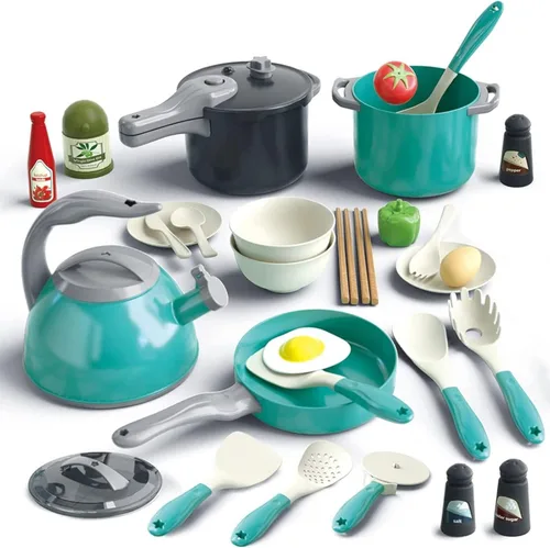 Bruvoalon Juego de 32 juguetes de cocina para niños, accesorios de cocina con ollas, sartenes, utensilios de cocina, alimentos, verduras enlatadas,