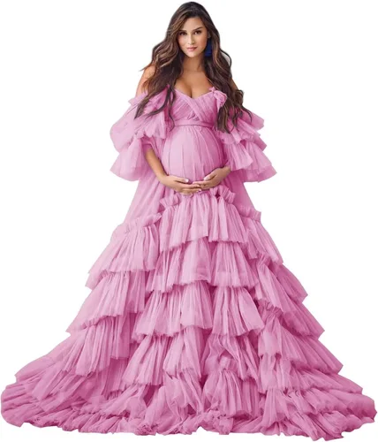 Toreque Vestido de maternidad de tul para sesión de fotos, mangas hinchadas, batas largas de embarazo para baby shower