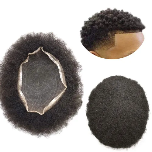 Miniatura 11 de Afro Toupee para hombres negros, afro americano rizado para hombre, tupé completo con base de encaje francés, unidad de cabello humano, peluca