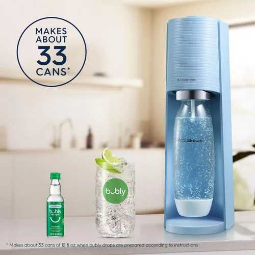 Miniatura 5 de SodaStream Terra - máquina para hacer agua con gas (azul niebla), con CO2, botella DWS y sabores Bubly Drop Azul Misty