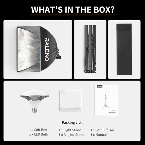 Miniatura 12 de Kit de iluminación de Softbox para fotografía RALENO, caja de luz de 16'' x 16'' para TikTok con bombilla LED (50W 5500K 97 CRI TLCI≥97), luz
