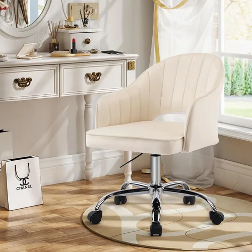 MOJAY Silla de tocador moderna con ruedas, silla de oficina en casa de terciopelo recortado de respaldo medio, asiento suave giratorio de altura