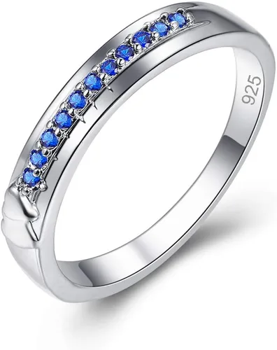 Miniatura 47 de Narica Anillo de 21 piedras chapadas en plata, apilables, corte redondo, zafiro azul, circonita cúbica, relleno de circonita cúbica, halo