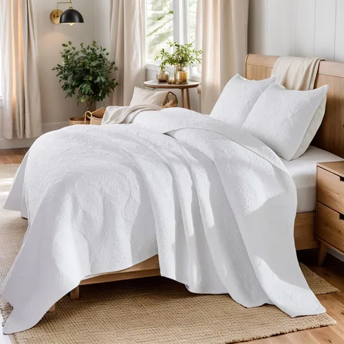 Miniatura 8 de Brandream juego de cama de lujo de 3 piezas, color blanco, de gran tamaño, juego de edredón, tamaño queen
