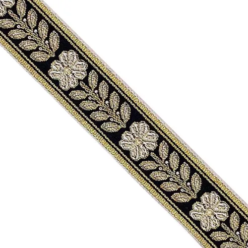 JL 475 - Hoja floral dorada metálica de jacquard sobre cinta negra de 1 pulgada (0.984 in), 5 yardas para manualidades de costura, decoración del