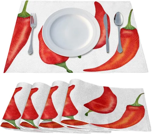 Miniatura 2 de Juego de 4 manteles individuales con patrón de chile, lavables, impermeables, para decoración de mesa de comedor, 18 x 12 pulgadas