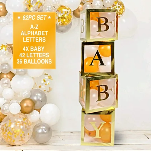 Miniatura 8 de 82 piezas de cajas de bebé de oro rosa con letras para decoraciones de baby shower, bloques de bebé transparentes jumbo para niña, caja de globos