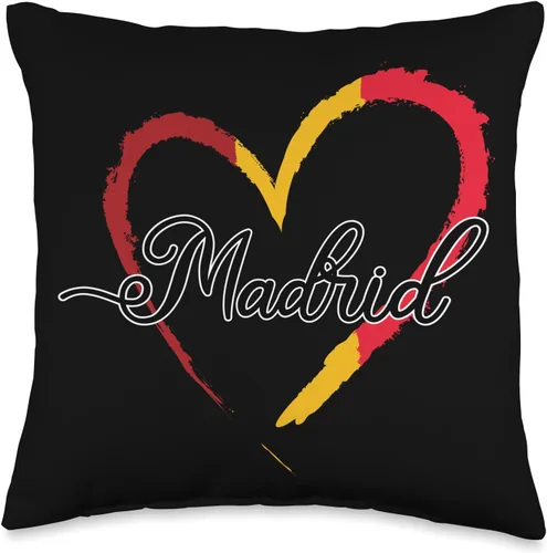 Europe Spain Vacation Travel Madrid Gifts Almohada con diseño de bandera española de España, corazón y amor, familia Madrid, 16 x 16 pulgadas,
