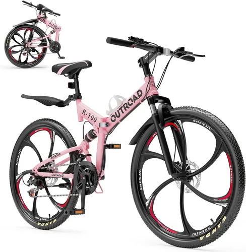 Miniatura 12 de Max4out Bicicleta de montaña plegable de 26 pulgadas, bicicleta de suspensión completa de 21 velocidades, freno de doble disco, neumático