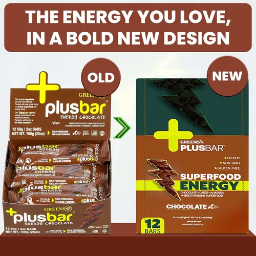 Miniatura 5 de Greens+ Plusbar Energy Chocolate Barra energética sin gluten Verduras orgánicas Chocolate negro orgánico Sin OMG 12 barras