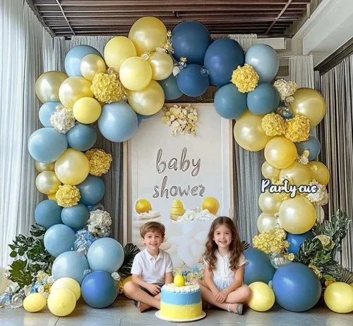 Miniatura 6 de Kit de arco de globos azul polvoriento, amarillo, doble relleno, azul pastel oscuro, amarillo claro, guirnalda de globos de perlas para cumpleaños