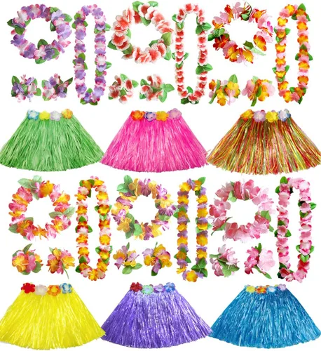 30 faldas de hierba hawaianas Luau Hula faldas hawaianas Leis flores, faldas de hierba, diadema, muñequeras, falda de hula tropical para niñas,