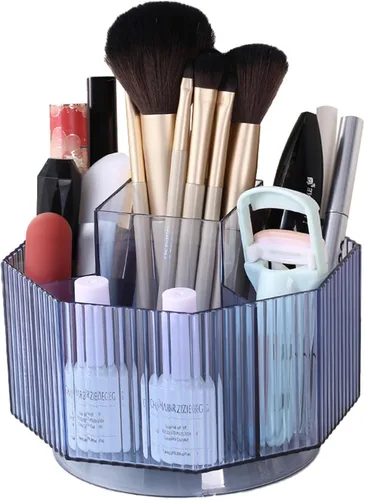 LINFIDITE Organizador de maquillaje giratorio de 360° con soporte, caja de exhibición de cosméticos transparente, organizador de brochas de