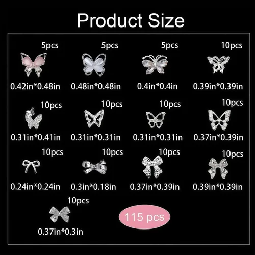 Miniatura 2 de Juego de 115 dijes de uñas con lazo de mariposa 3D, joyería de diamantes de imitación de metal, accesorios de aleación brillante Y2K para diseño