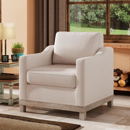 Miniatura 3 de Sillón moderno de lino/silla de acento/sofá individual con base de madera de goma para sala de estar, dormitorio, apartamento, oficina, color beige