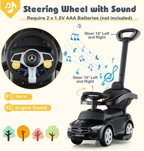 Miniatura 3 de Costzon Coche de empuje para niños pequeños, 3 en 1 Mercedes Benz Cochecito deslizante caminador con toldo, mango, barra de seguridad, sonido