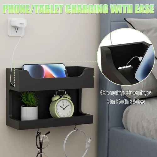 Miniatura 3 de NiHome Organizador de Accesorios para Cama Montado en la Pared, Estantería de Almacenamiento para Mesita de Noche con Dos Bandejas y Ganchos Negro