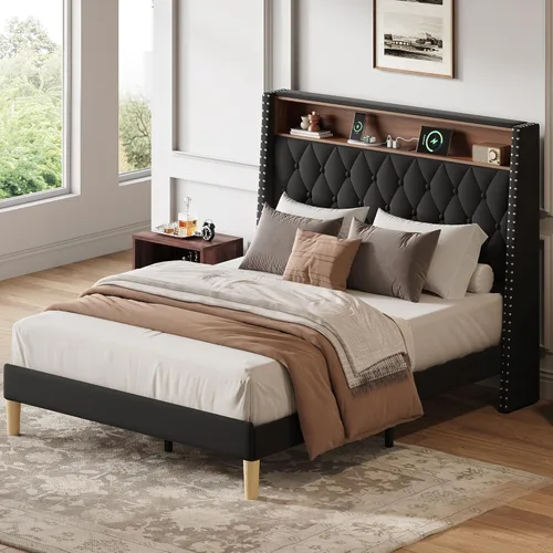 Miniatura 13 de WLIVE Base de cama tapizada de tamaño matrimonial con cabecera de ala de 48 pulgadas de alto, cama cuadrada de terciopelo con estación de carga