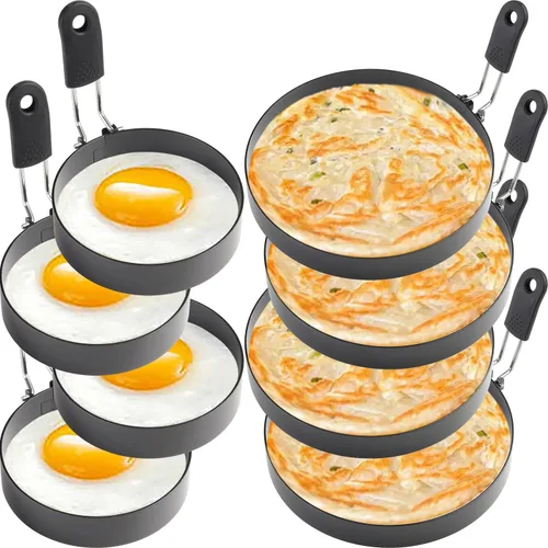 4 anillos de huevo grandes de 6 pulgadas para panqueques y 4 moldes de huevos fritos de 3.5 pulgadas, anillo antiadherente de acero inoxidable para