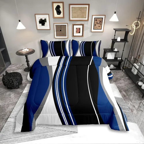 Miniatura 35 de Erosebridal Edredón Cuadrado para Niños y Niñas, Juego de Ropa de Cama Negro y Gris Blanco Azul Marino, Juego de Edredón Geométrico Completo