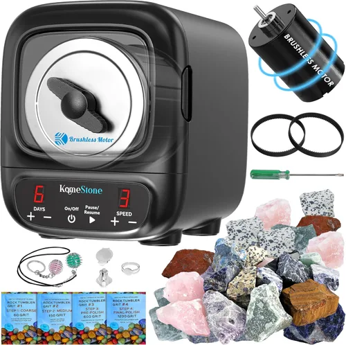 Kit de pulidor de rocas KomeStone K2 Elite Profesional, ultra silencioso y pulidor de rocas con motor sin escobillas de vanguardia para adultos y