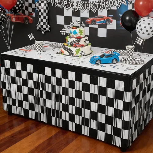 Falda de mesa metálica de oropel con flecos de oropel de carreras para decoración de fiesta de cumpleaños, paquete de 2 cortinas de mesa de 29.5 x