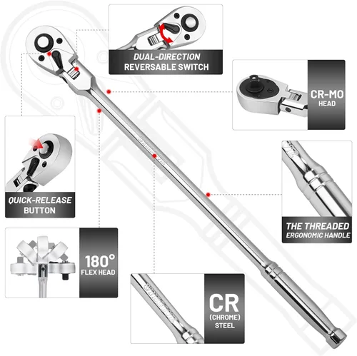 Miniatura 2 de Trinquete de cabeza flexible de 1/4 pulgadas, trinquete de cabeza giratoria de liberación rápida de 72 dientes - Mango largo de 12" (305mm)