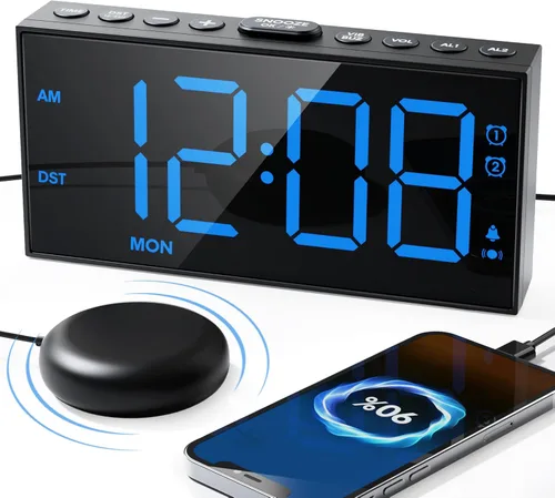 Reloj despertador fuerte para adultos que duermen profundamente, con vibración para la cama y 2 alarmas para todos los días/días laborables/fin de