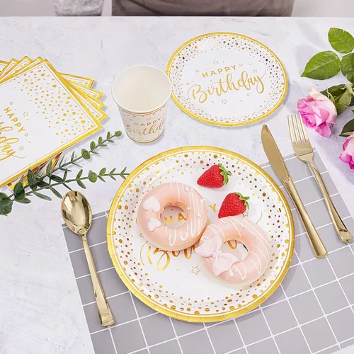 Miniatura 3 de 175 piezas de platos y servilletas de feliz cumpleaños suministros de fiesta, platos de papel dorado con puntos y servilletas con tenedores, Blanco