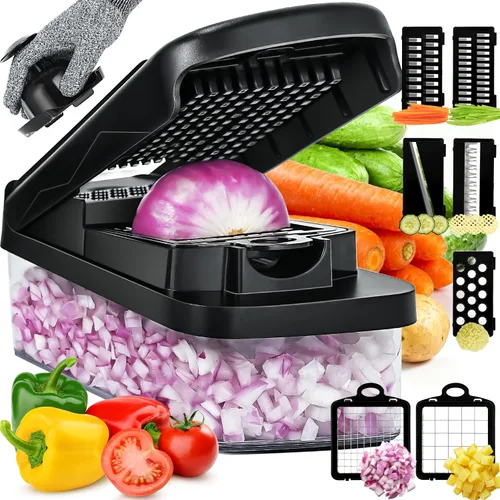 Cortador de verduras picador de alimentos con recipiente Cortador de verduras Cortador de ensalada Mandolina Cortador de queso Incluye protectores
