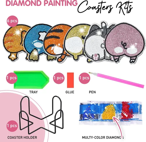 Miniatura 3 de 6 piezas de posavasos de pintura de diamante Posavasos de arte de diamante Pintura de arte de diamante de trasero de animal Regalo de arte