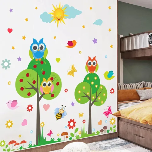 Miniatura 4 de Calcomanía de pared de animales para niños, diseño de flores, pájaros, mariposas, bricolaje, extraíble, despegar y pegar, decoración de árbol verde