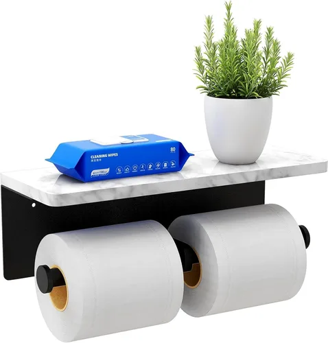 Miniatura 14 de Soporte de papel higiénico con estante de mármol natural para baño, soporte de pañuelos montado en la pared adecuado para rollo mega
