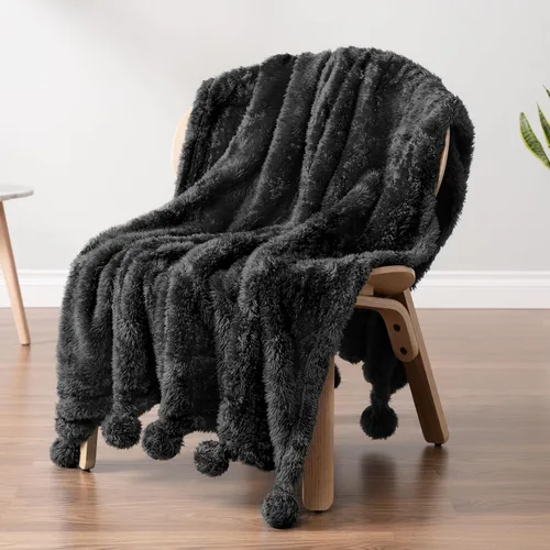 Miniatura 2 de PAVILIA Manta de sherpa negra para sofá, cálida manta de felpa con pompones, manta mullida para sofá, ligera, suave y acogedora con pompones, 50 x