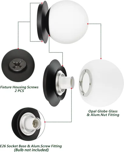 Miniatura 4 de Apliques de pared, 1 lámpara moderna de globo en negro mate, lámpara de pared para dormitorio, baño, sala de estar y pasillo, iluminación