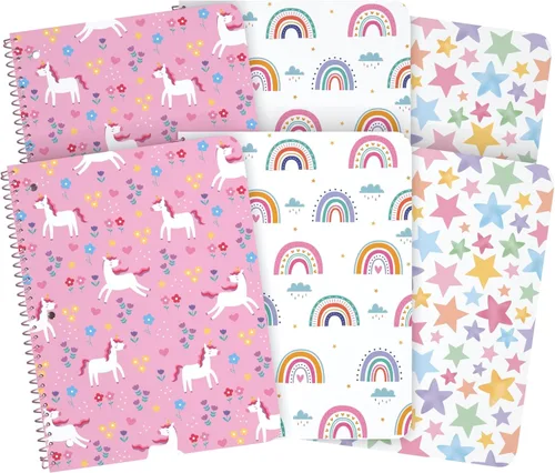 Cuaderno de espiral de rayas anchas, adorables cuadernos de 1 materia para niños, 100 hojas/200 páginas, hojas perforadas perforadas de 3 agujeros