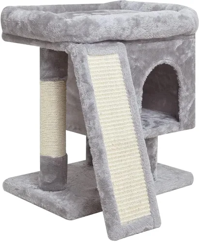 Miniatura 12 de SYANDLVY Árbol pequeño para gatos grandes de interior, condominio para gatitos con poste rascador y tabla, torre de actividades moderna con cueva