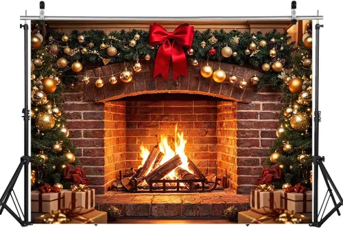 Miniatura 4 de Fondo de fotografía de chimenea navideña de 7 x 5 pies Telón de fondo de chimenea de ladrillo vintage Telón de fondo para fotos de árbol de Navidad