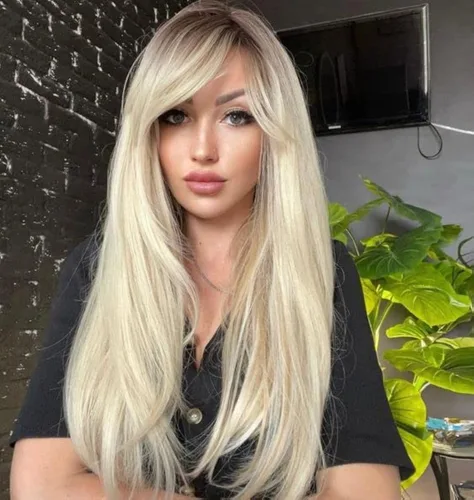 Miniatura 9 de LANOVA LANOVA-203 - Pelucas de cabello sintético rubio platino para mujeres blancas, peluca de 22 pulgadas de color rubio castaño degradado marrón