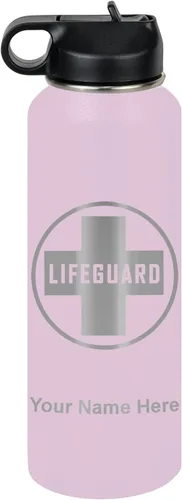 Miniatura 75 de LaserGram Botella de agua personalizada, salvavidas, acero inoxidable de doble pared aislada al vacío con popote superior, regalo grabado Negro