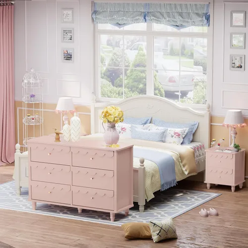 Miniatura 3 de Anbuy Cofres de guardería festoneados rosados y cómoda para dormitorio de niños, cómoda de madera con 6 cajones, cómodas y cómodas con asas de metal