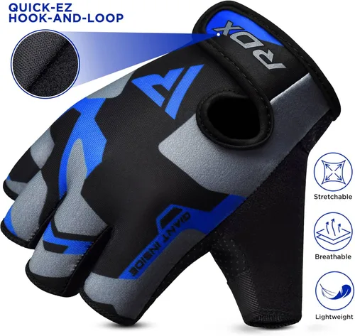 Miniatura 4 de RDX Guantes de levantamiento de pesas para gimnasio, entrenamiento de fitness, palma acolchada antideslizante, equipo de entrenamiento de fuerza Azul