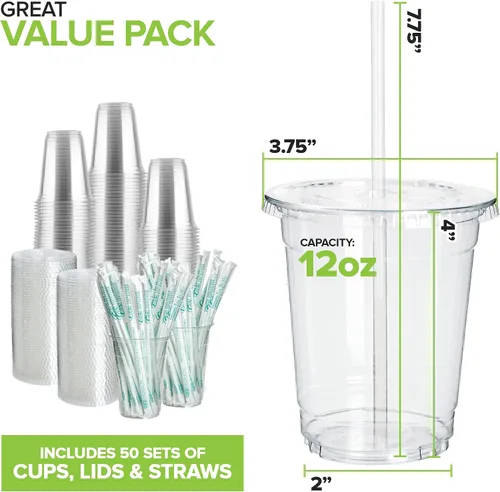 Miniatura 2 de Stock Your Home Vasos transparentes de ácido poliláctico (PLA) de 12 onzas con tapas y pajitas, juego de 50 vasos fríos desechables para fiesta