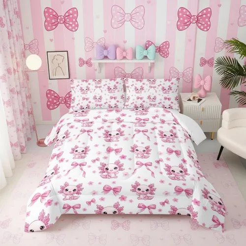 Miniatura 29 de QOOMO Juego de edredón de 3 piezas con diseño de mariposa de dibujos animados, tamaño individual, bonito juego de ropa de cama con lazo