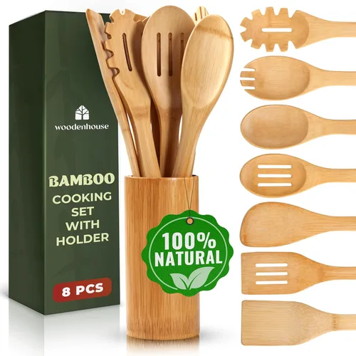 Miniatura 10 de Bamboo Wooden Utensil Set, 6 Pcs - Nonstick Safe & Heat-Resistant Bamboo Utensils for Cooking - Easy to Clean & Sturdy Wooden Spoons for Cooking &