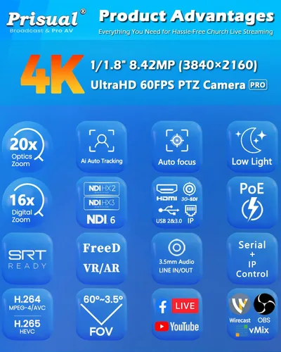 Miniatura 6 de Cámara PTZ Ultra 4K PRO NDI Prisual Gen 5, SDI HDMI USB IP con zoom óptico 20x 1/1.8" UHD CMOS 8.42MP, cámara PTZ 4K 60fps con seguimiento